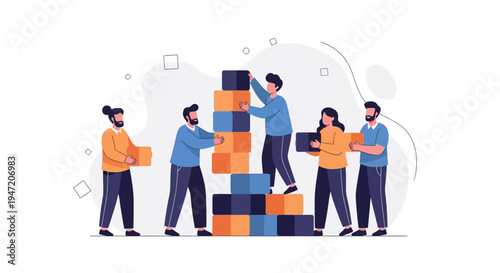 Teamwork building blocks, people collaborating on project, construction, strategy, success