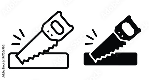 Hand saw cutting wood plank icon set with outline and solid versions for carpentry construction woodworking and diy home improvement projects