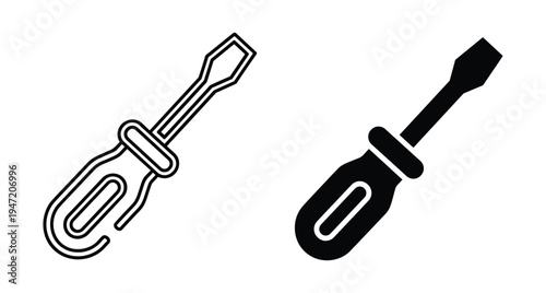 Screwdriver hand tool icon set with outline and solid black flat vector symbols for repair maintenance construction and diy projects