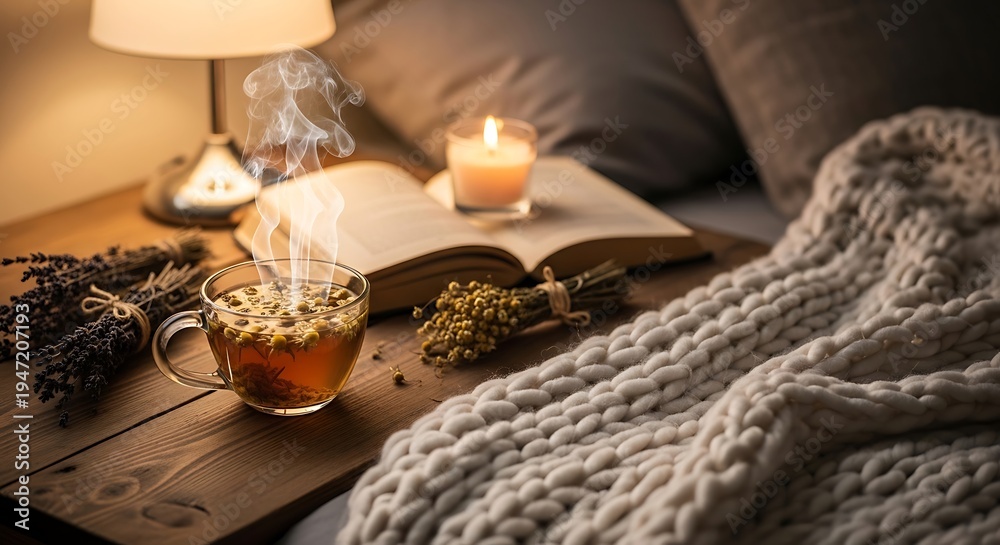 Fototapeta premium Cozy evening with herbal tea and soft lighting on a comfortable bed