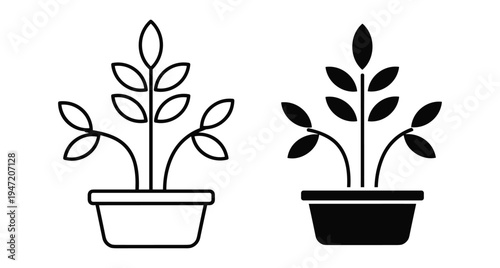 Potted houseplant icon set with outline and solid black silhouette styles for interior decoration gardening and nature design projects