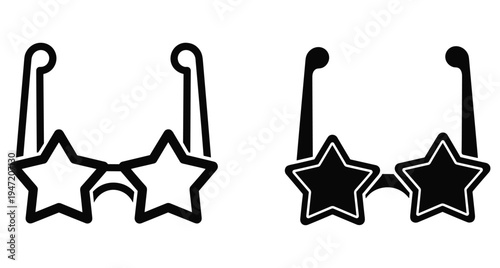 Star shaped party glasses icon set with outline and solid black silhouette styles for celebration events and fun fashion accessories