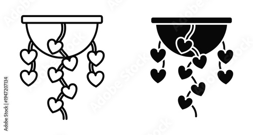 Hanging plant pot with heart shaped leaves string of hearts succulent icon set for home decor gardening and romantic design