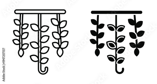 Hanging dried herbs and plants on a rack icon set featuring outline and solid black styles for hanging dried herbs and plants