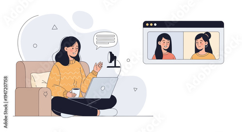Woman on Video Call with Friends, Working Remotely, Online Communication