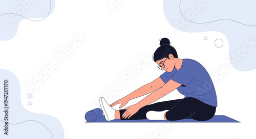 Woman stretching hamstrings on yoga mat, healthy lifestyle, home workout, fitness illustration