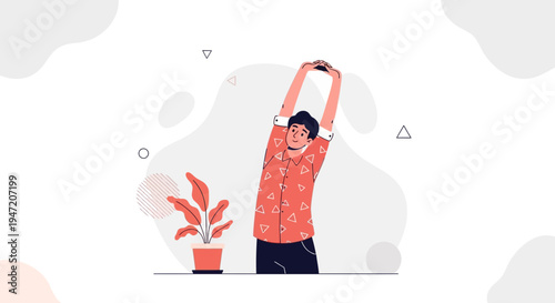 Man stretching arms up, healthy lifestyle, morning routine, home office, flat design