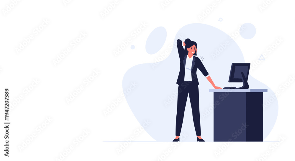 Fototapeta premium Businesswoman stretching at office desk with computer, healthy work break concept