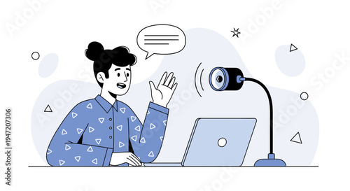 Person Waving Hello on Video Call with Laptop and Webcam