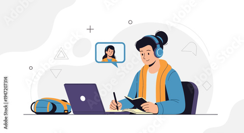 Student Learning Online with Laptop and Headphones, Video Call Interface