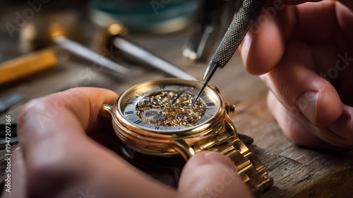 A watchmaker repairing vintage mechanical wristwatch with precision tools on watchmaker desk.