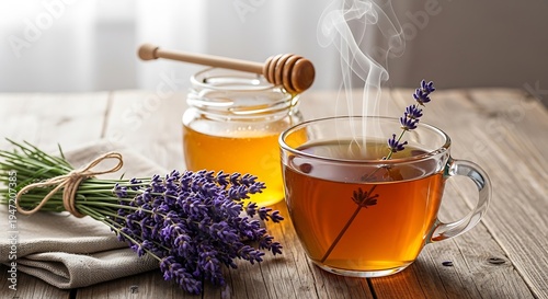 Soothing lavender honey tea with fresh herbs and honey jar
