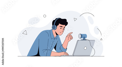 Man with headphones and webcam on laptop, online communication, remote work, video call