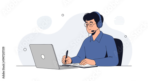 Man with headset studying online, working remotely, taking notes on laptop