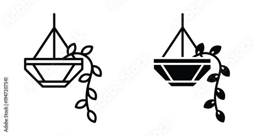 Hanging plant icon set featuring geometric pots with trailing ivy vines in outline and solid black minimalist vector graphic style