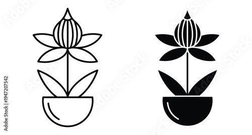 Minimalist potted flower icon set featuring outline and solid black geometric plant designs with leaves and a blooming bud symbol
