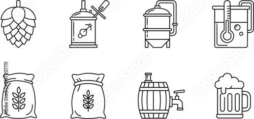 Brewing ingredients and equipment icons: hops, fermenter, grain sacks, barrel, beer mug. line art, craft beer, food industry, design element, brew day