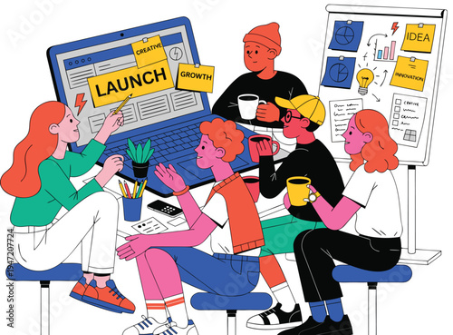 Diverse Team Brainstorming Startup Launch in Office Meeting