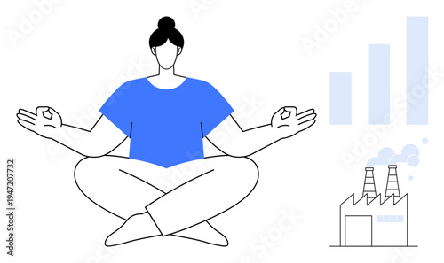 Workplace wellness. A person meditating with elements of factory production and growth chart. Workplace wellness blending mindfulness and corporate productivity. For HR, workplace culture, stress