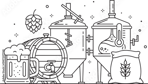 Brewery illustration with tanks, barrel, hops, grain bag, and beer mug. outline style with color accents, craft beer, line art, food industry, beverage industry