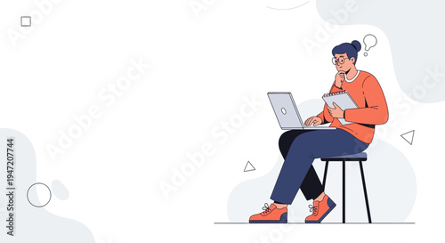 Thoughtful person working on laptop, holding notebook, sitting on stool, abstract background