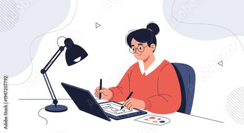 Graphic Designer Working on Digital Tablet with Stylus, Desk Lamp and Palette