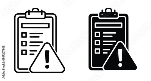 Clipboard checklist icon with warning triangle exclamation mark symbol for risk assessment report audit compliance safety inspection and error notification