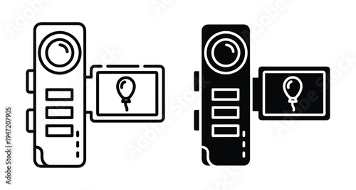 Handheld video camera camcorder icon set outline and solid style with balloon on screen for recording memories and capturing family events