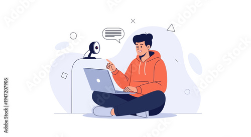 Young man with laptop and webcam, online communication, remote work, flat design