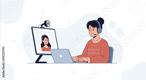 Woman with headset on video call with colleague on laptop and monitor