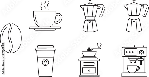 Coffee icons: coffee bean, hot coffee cup, moka pot, disposable cup, grinder, espresso machine. line art, flat design, takeaway cup, coffee maker, hot beverage