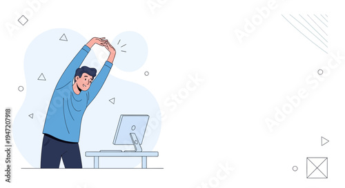Man stretching arms at desk with computer, office break, healthy work habits