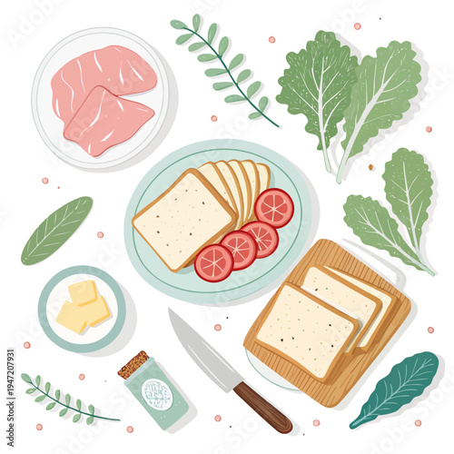 Fresh Ingredients for Healthy Meal Preparation Flat Lay Illustration. Top View of Chicken, Bread, Vegetables, and Herbs Arranged on a Table