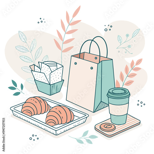 Delicate Pastel Illustration of a Takeaway Breakfast Order with Fresh Croissants, Coffee, and Packaging for Delivery or Picnic Enjoyment