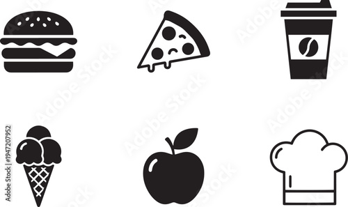 Fast food and drinks icons: burger, pizza, coffee, ice cream, apple, chef hat - vector set, junk food, white background
