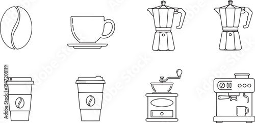 Coffee making icons: bean, cup, moka pot, to go cup, grinder, espresso machine, to go cup, hot drink, white background, italian coffee