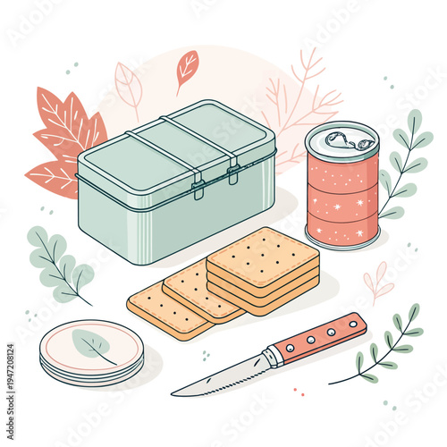 Simplified illustration of a picnic or camping food kit, featuring a metal container, crackers, a can of provisions, and a knife, ready for an outdoor experience