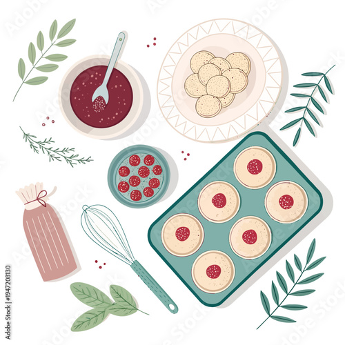 Delicious homemade raspberry jam cookies in a baking tray and ingredients