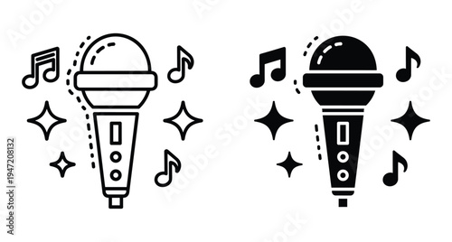 Microphone icon set with musical notes and stars in outline and solid glyph styles for karaoke singing and audio recording