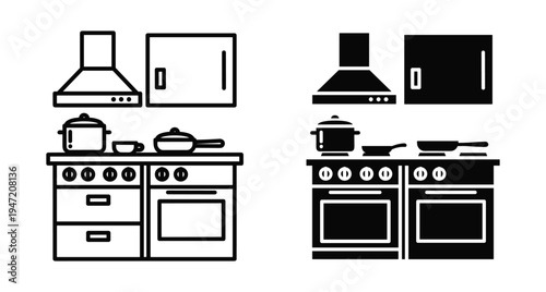 Kitchen appliance icon set featuring stove oven range hood cabinet pot pan and cookware in outline and solid black styles