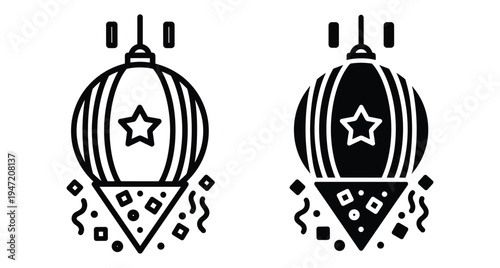 Party popper pinata icon set with star and confetti for celebration birthday event surprise festive decoration graphic design element