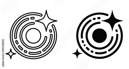 Minimalist circular sparkle icons with concentric rings and star elements representing shine focus lens aperture magic cosmic energy and clean design