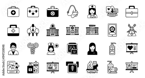 Medical Healthcare Icon Set Collection with Doctor, Nurse, Hospital and Medical Tools