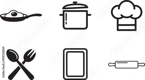 Cooking icons: fried egg, pot, chef hat, utensils, tray, rolling pin - vector set, white background