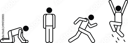 Human activity stick figure icons set showing crawling, standing, running and jumping poses, simple line people symbols isolated on white background for infographic and design