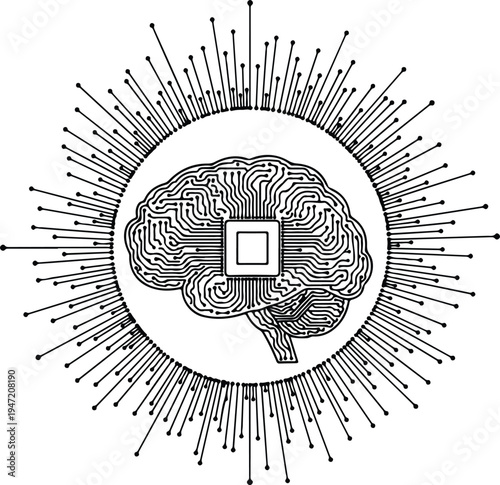 Conceptual illustration of a human brain integrated with a microchip and radiating neural connections.