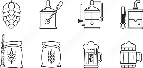 Beer brewing ingredients and equipment icons - hop, malt, tanks, barrel, mug, craft beer, line art