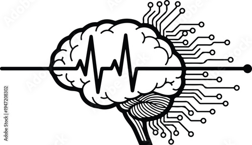 Black and white illustration of a brain with digital circuits and a heartbeat signal line.