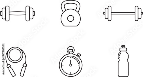 Fitness and workout equipment icons - dumbbell, kettlebell, jump rope, stopwatch, water bottle, line art, sports equipment, healthy living