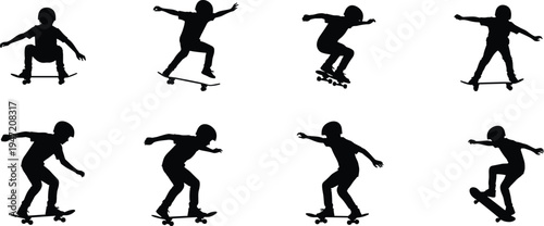 Kid skateboarder silhouette set showing child performing skateboarding tricks and jumps on board, youth extreme sport activity poses isolated on white background.